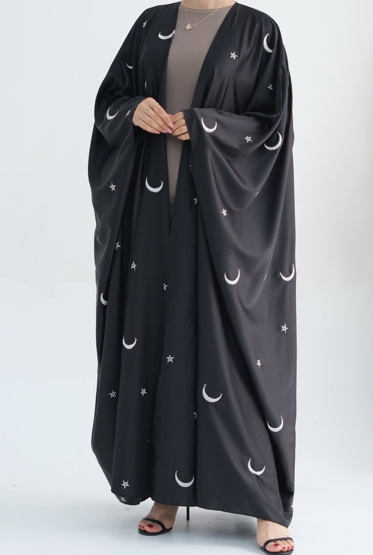 Lyra Moon Star Oversize Satin Open Abaya 727 - Black