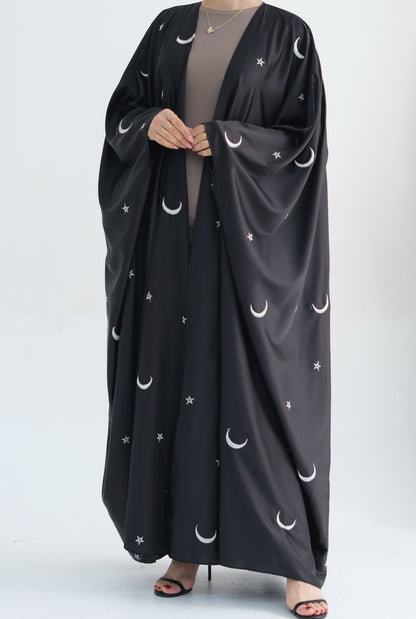Lyra Moon Star Oversize Satin Open Abaya 727 - Black