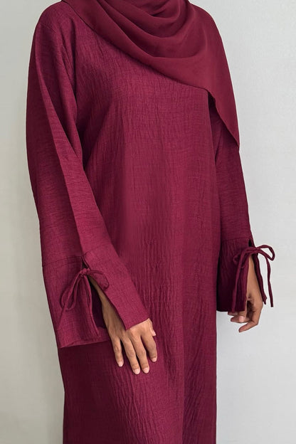 Amina Tie-Cuff Oversized Casual Abaya 946 - Wine Red