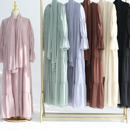 Jumana Chiffon Elastic Cuff  Open Abaya Set 866+867 - Apricot