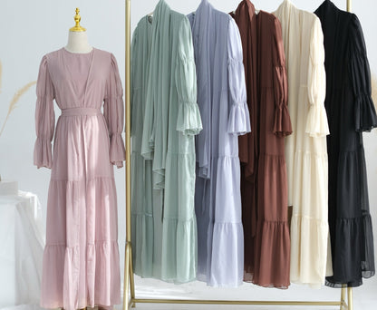 Jumana Chiffon Elastic Cuff  Open Abaya Set 866+867 - Apricot