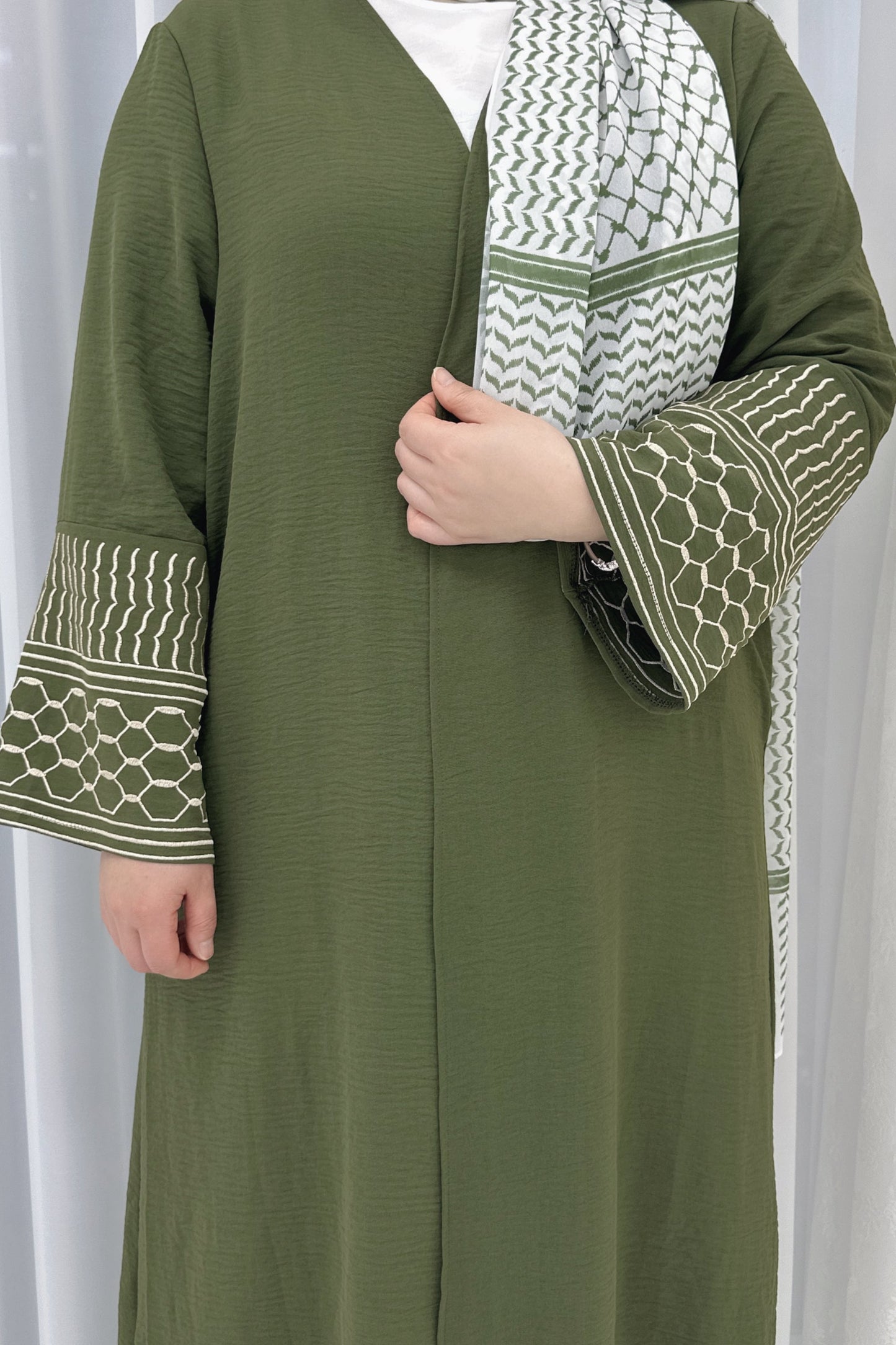 Danya Keffiyeh Inspired Peace Dove Pattern Embroidery Modest Open Abaya 767 - Army Green