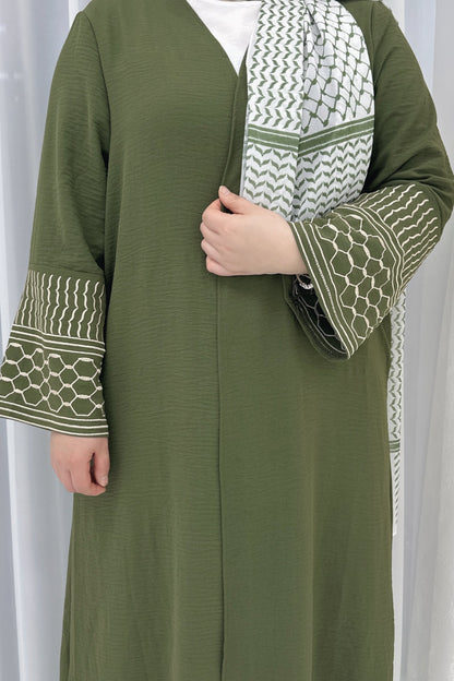 Danya Keffiyeh Inspired Peace Dove Pattern Embroidery Modest Open Abaya 767 - Army Green