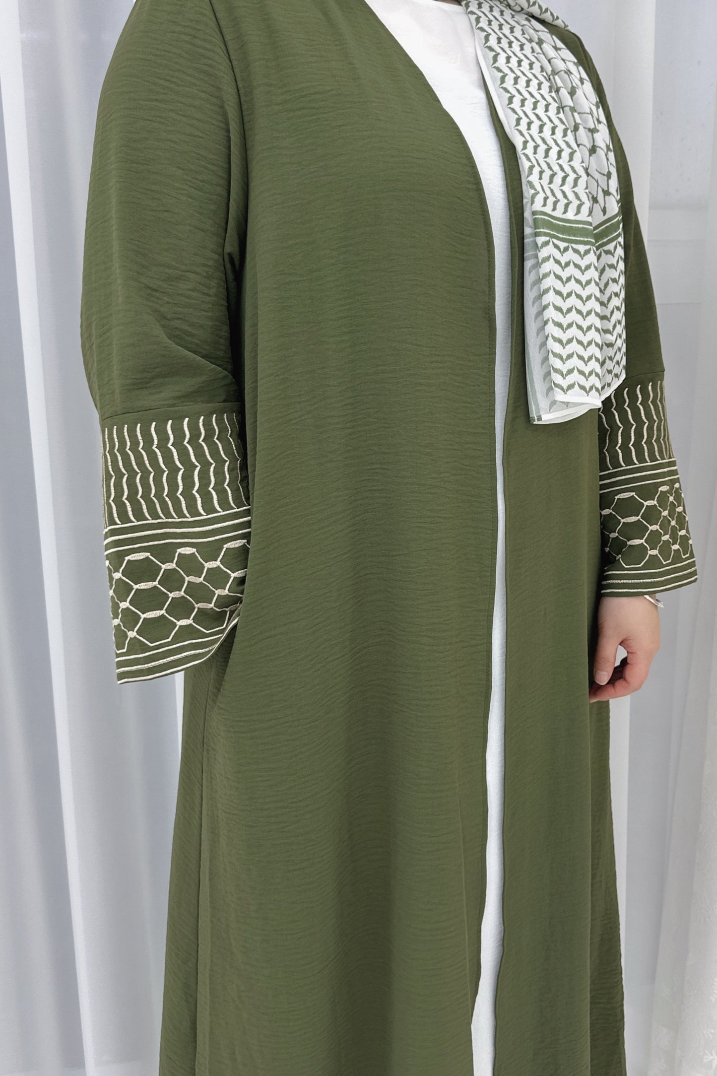 Danya Keffiyeh Inspired Peace Dove Pattern Embroidery Modest Open Abaya 767 - Army Green