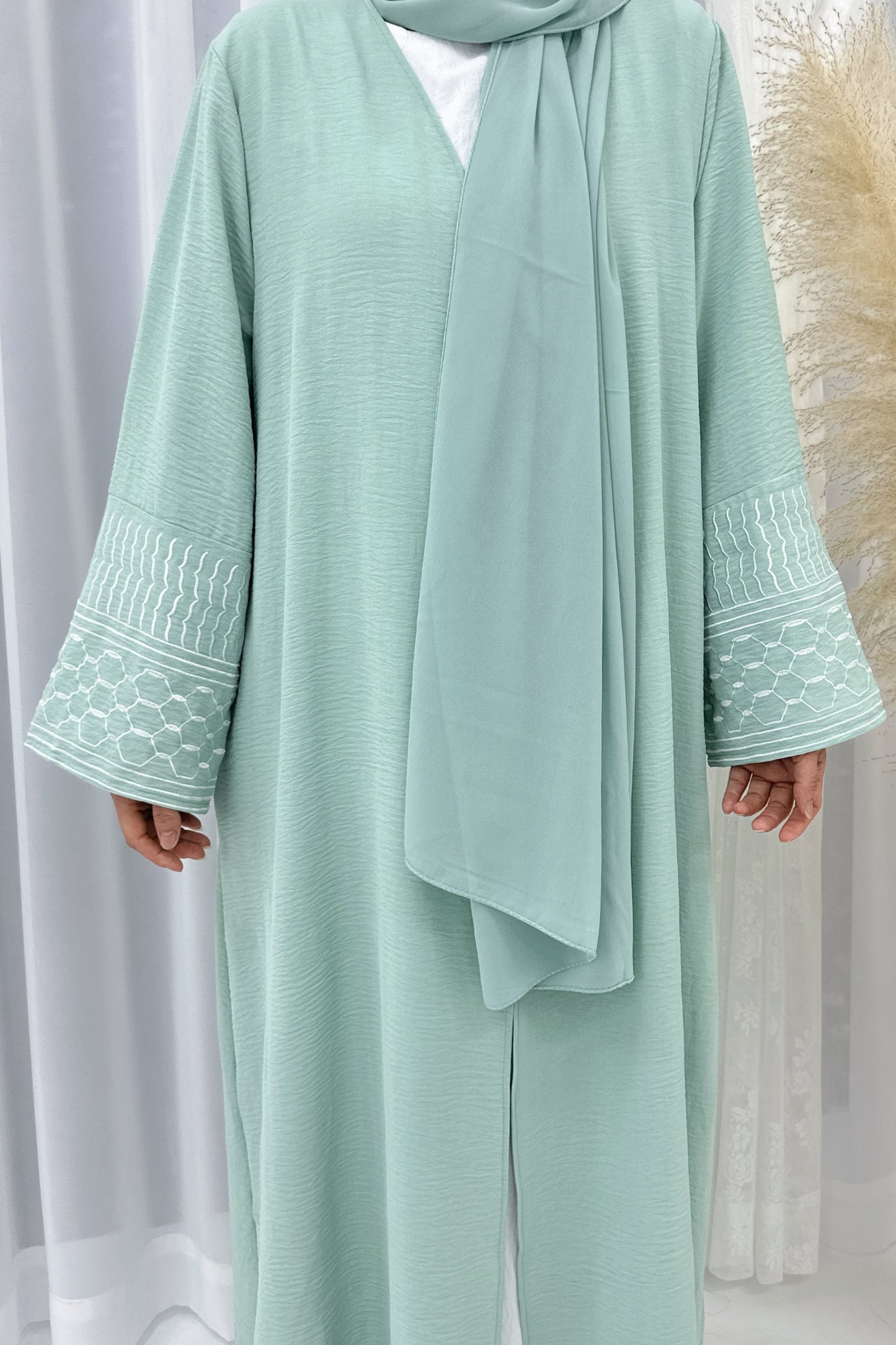 Danya Keffiyeh Inspired Peace Dove Pattern Embroidery Modest Open Abaya 767 - Mint Green