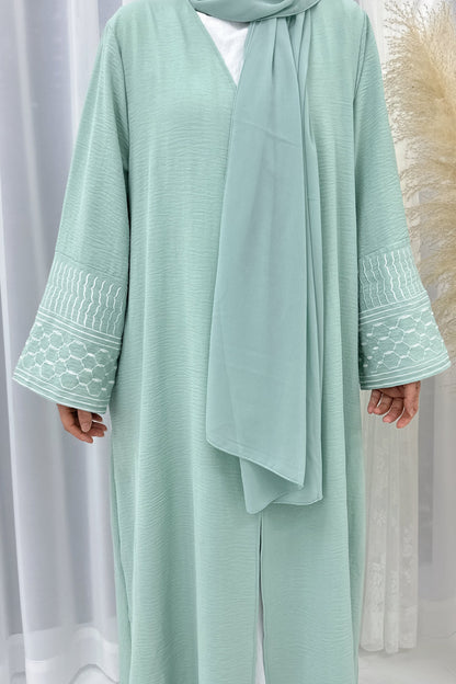 Danya Keffiyeh Inspired Peace Dove Pattern Embroidery Modest Open Abaya 767 - Mint Green