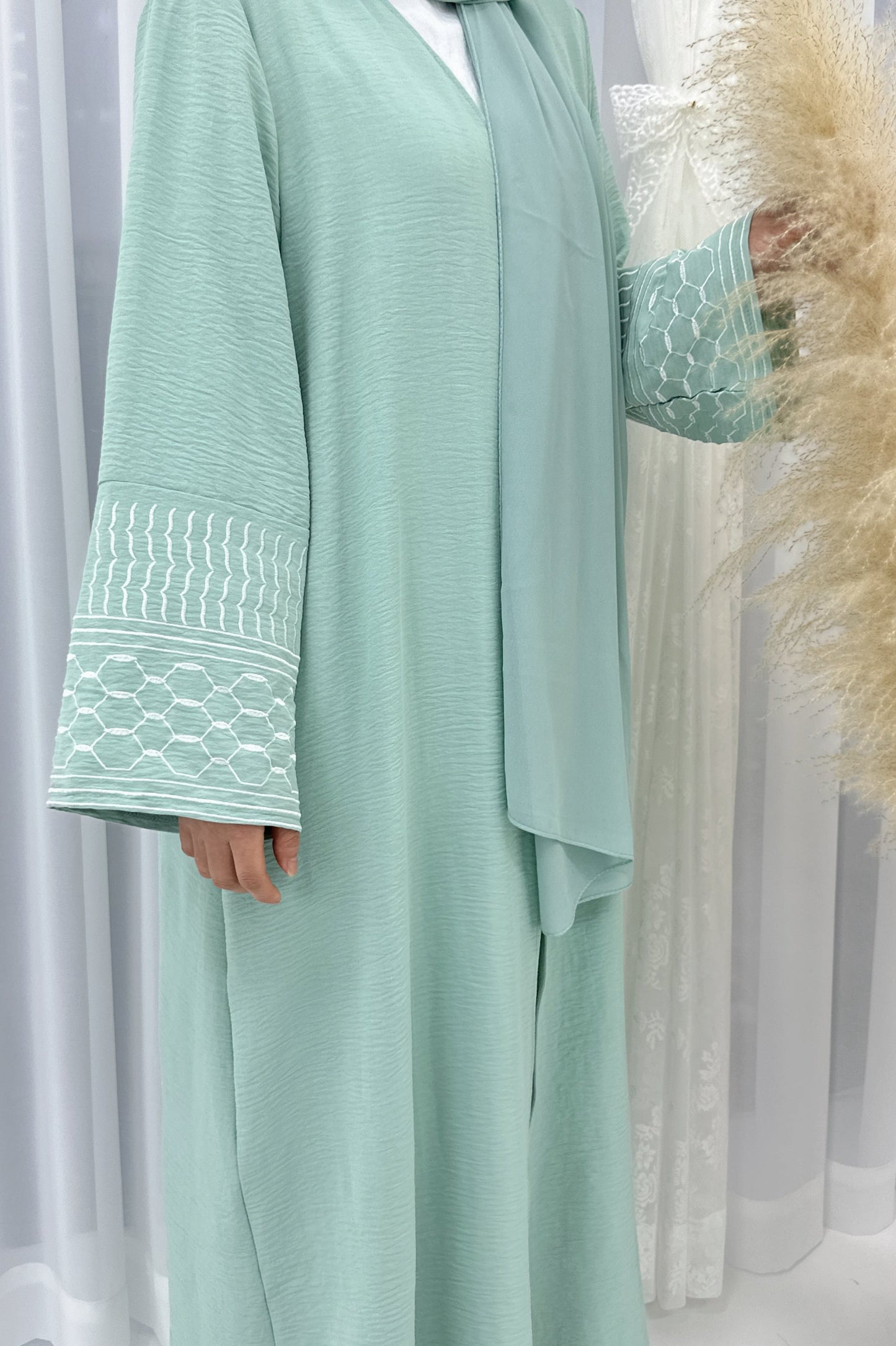 Danya Keffiyeh Inspired Peace Dove Pattern Embroidery Modest Open Abaya 767 - Mint Green