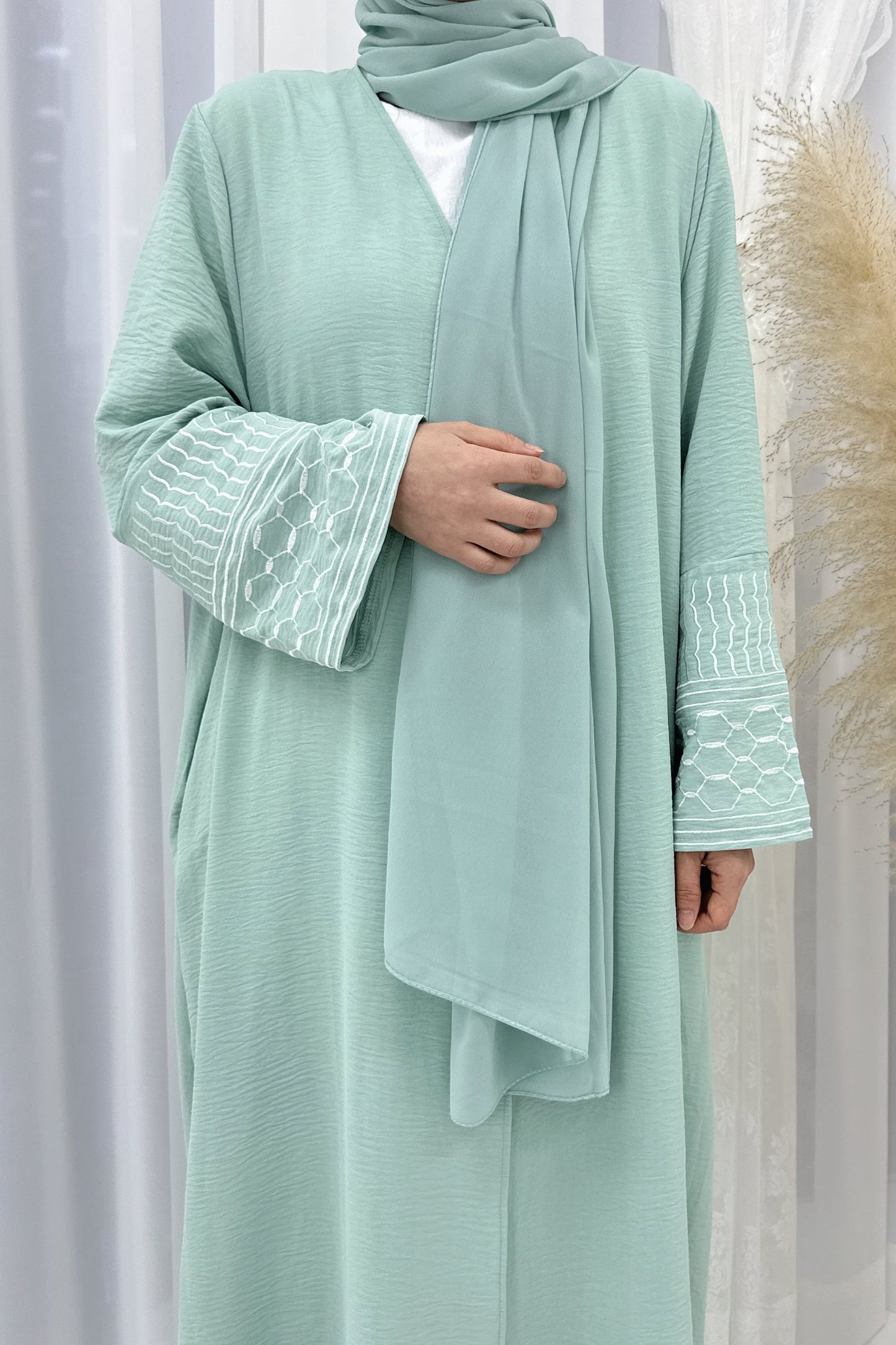 Danya Keffiyeh Inspired Peace Dove Pattern Embroidery Modest Open Abaya 767 - Mint Green
