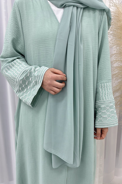 Danya Keffiyeh Inspired Peace Dove Pattern Embroidery Modest Open Abaya 767 - Mint Green