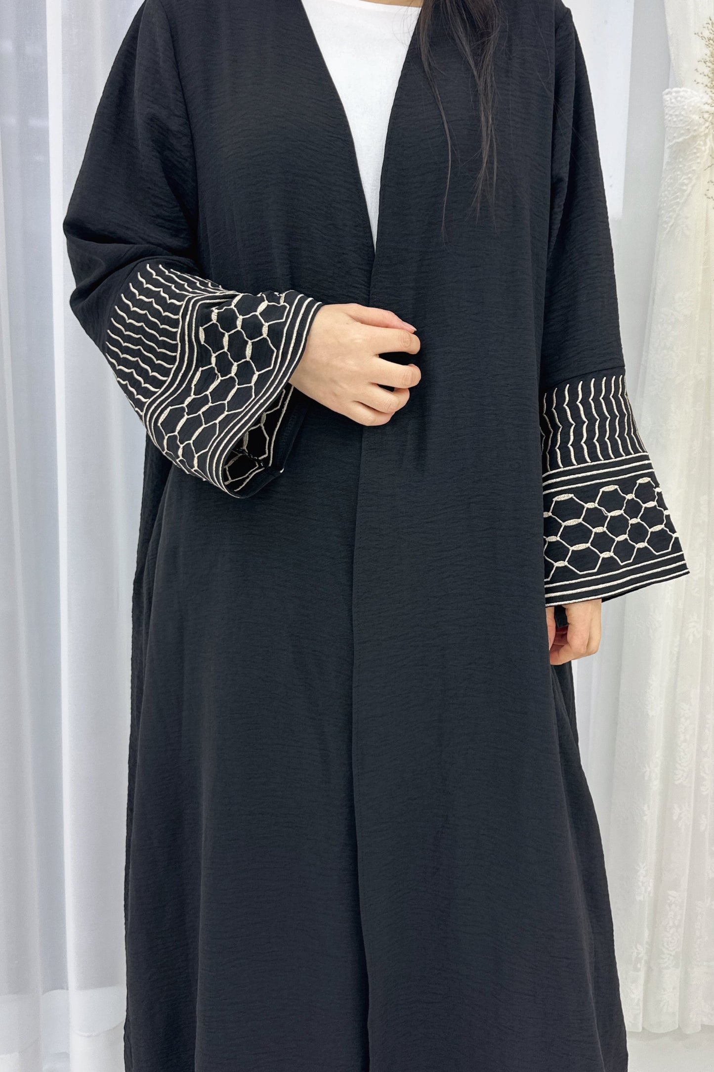 Danya Keffiyeh Inspired Peace Dove Pattern Embroidery Modest Open Abaya 767 - Black
