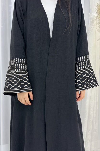 Danya Keffiyeh Inspired Peace Dove Pattern Embroidery Modest Open Abaya 767 - Black