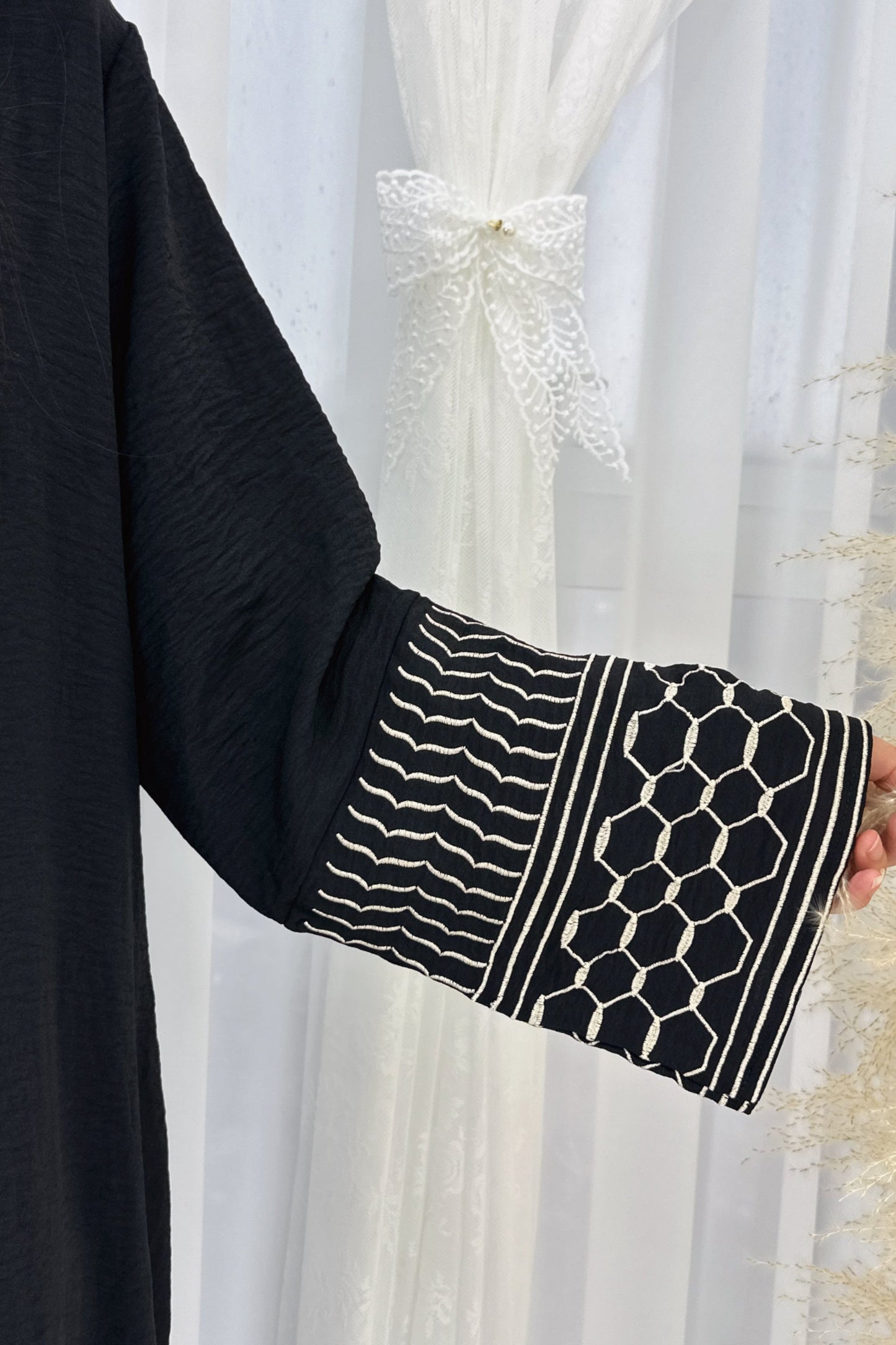 Danya Keffiyeh Inspired Peace Dove Pattern Embroidery Modest Open Abaya 767 - Black
