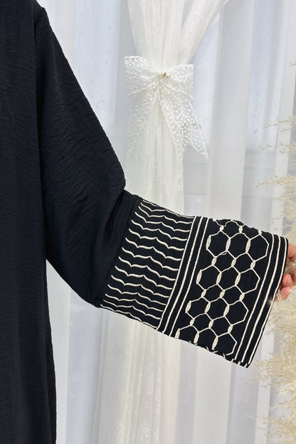 Danya Keffiyeh Inspired Peace Dove Pattern Embroidery Modest Open Abaya 767 - Black