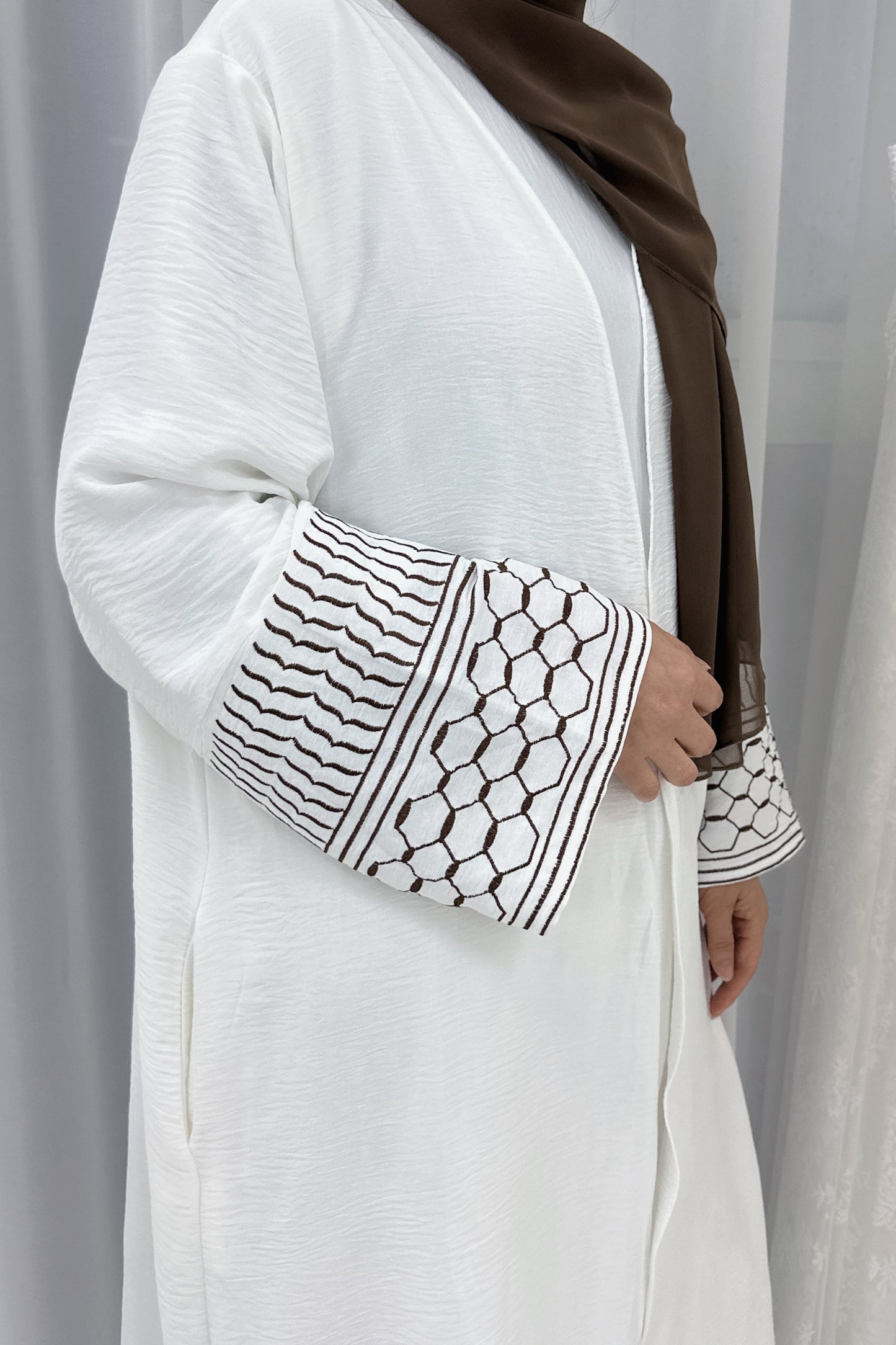 Danya Keffiyeh Inspired  Peace Dove Pattern Embroidery Modest Open Abaya 768 - Coffee