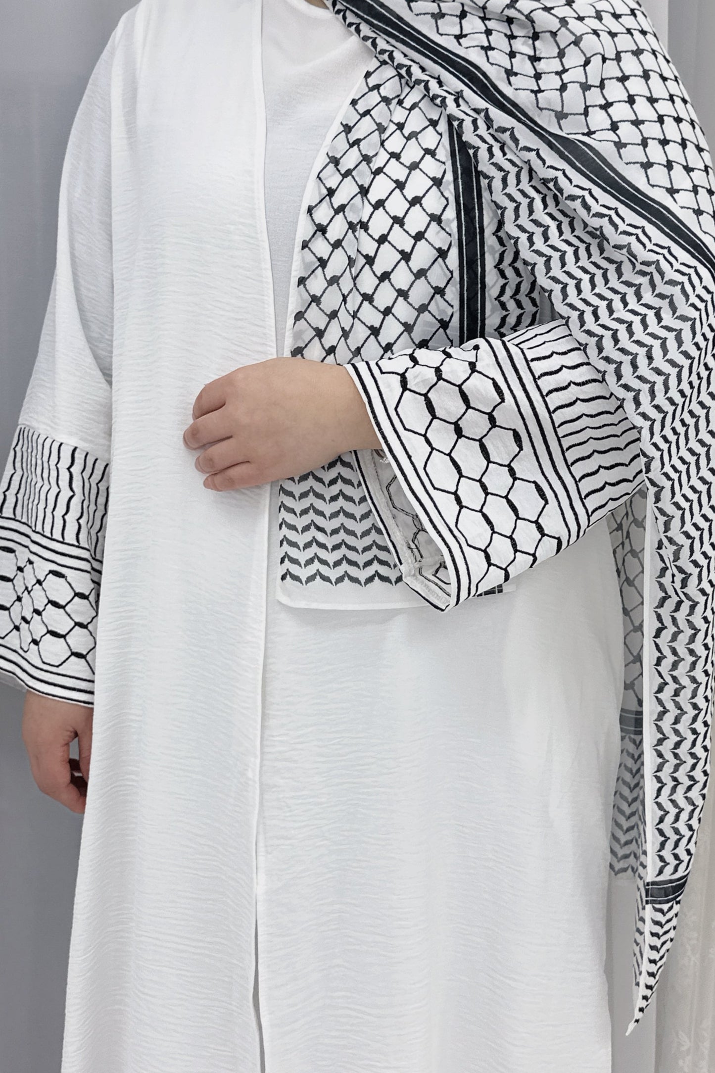 Danya Keffiyeh Inspired  Peace Dove Pattern Embroidery Modest Open Abaya 768 - Black
