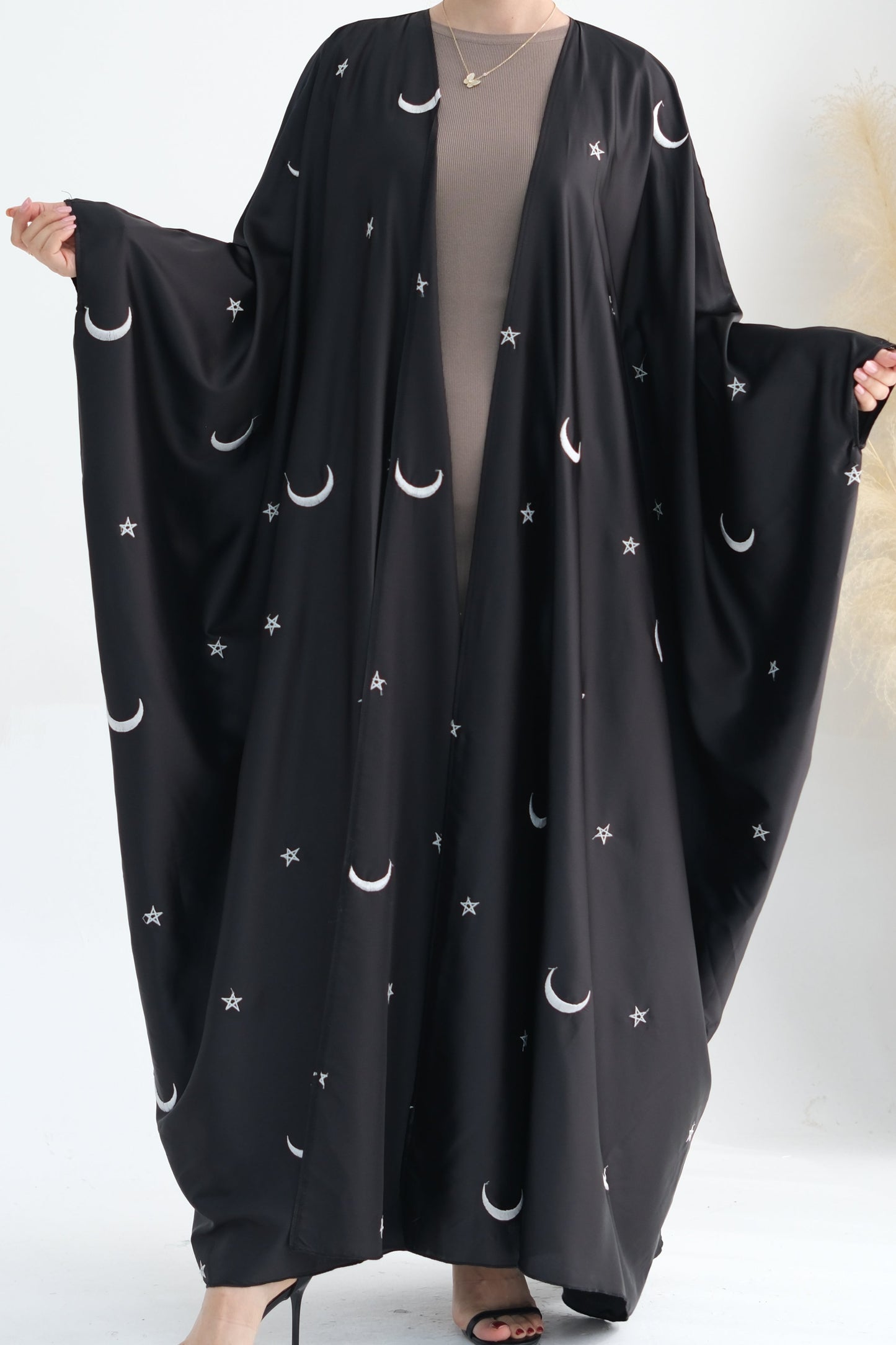 Lyra Moon Star Oversize Satin Open Abaya 727 - Black