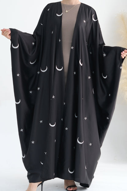 Lyra Moon Star Oversize Satin Open Abaya 727 - Black