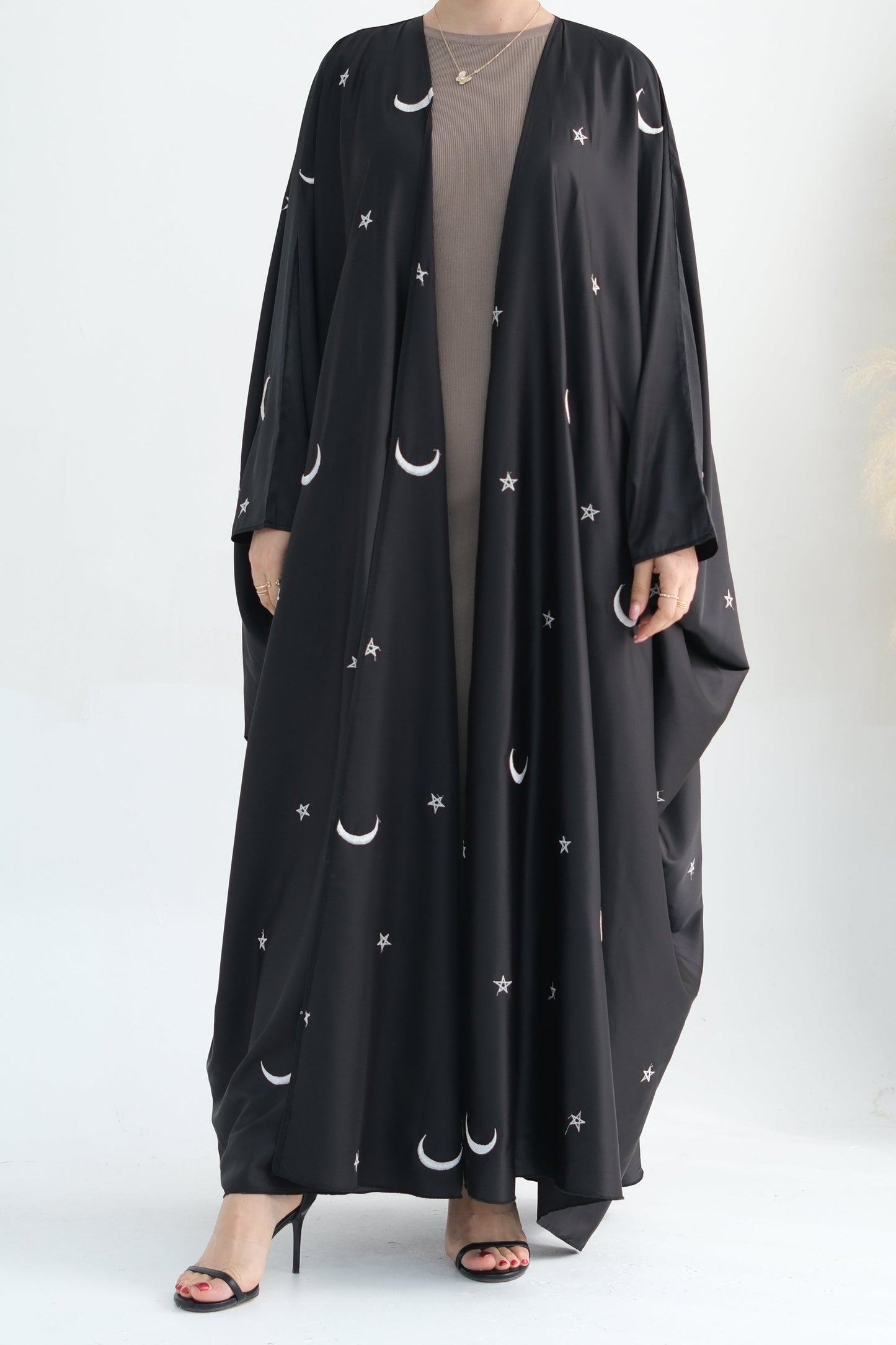 Lyra Moon Star Oversize Satin Open Abaya 727 - Black