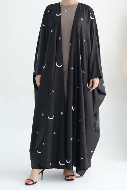 Lyra Moon Star Oversize Satin Open Abaya 727 - Black