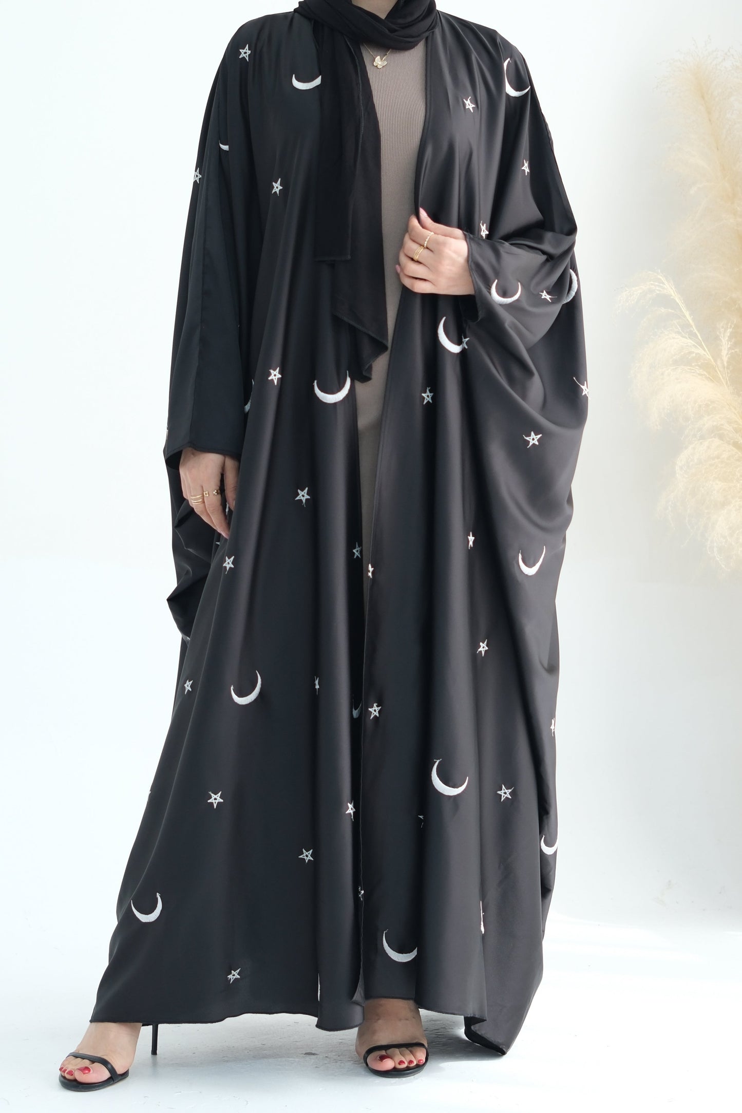 Lyra Moon Star Oversize Satin Open Abaya 727 - Black