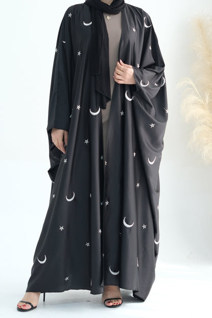 Lyra Moon Star Oversize Satin Open Abaya 727 - Black