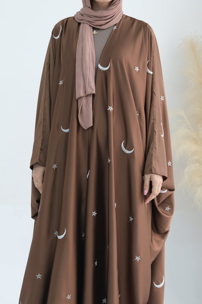 Lyra Moon Star Oversize Satin Open Abaya 727 - Brown
