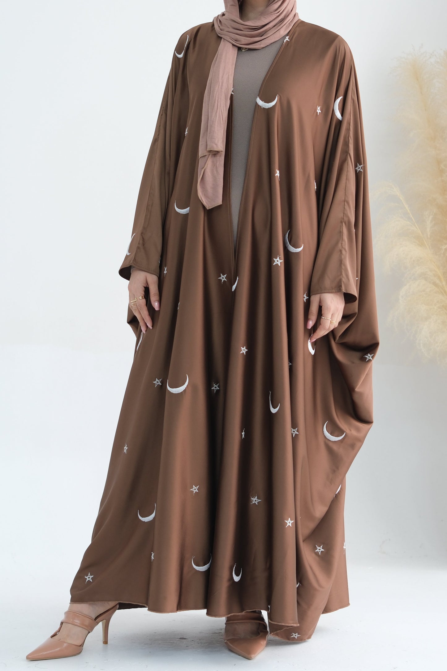 Lyra Moon Star Oversize Satin Open Abaya 727 - Brown