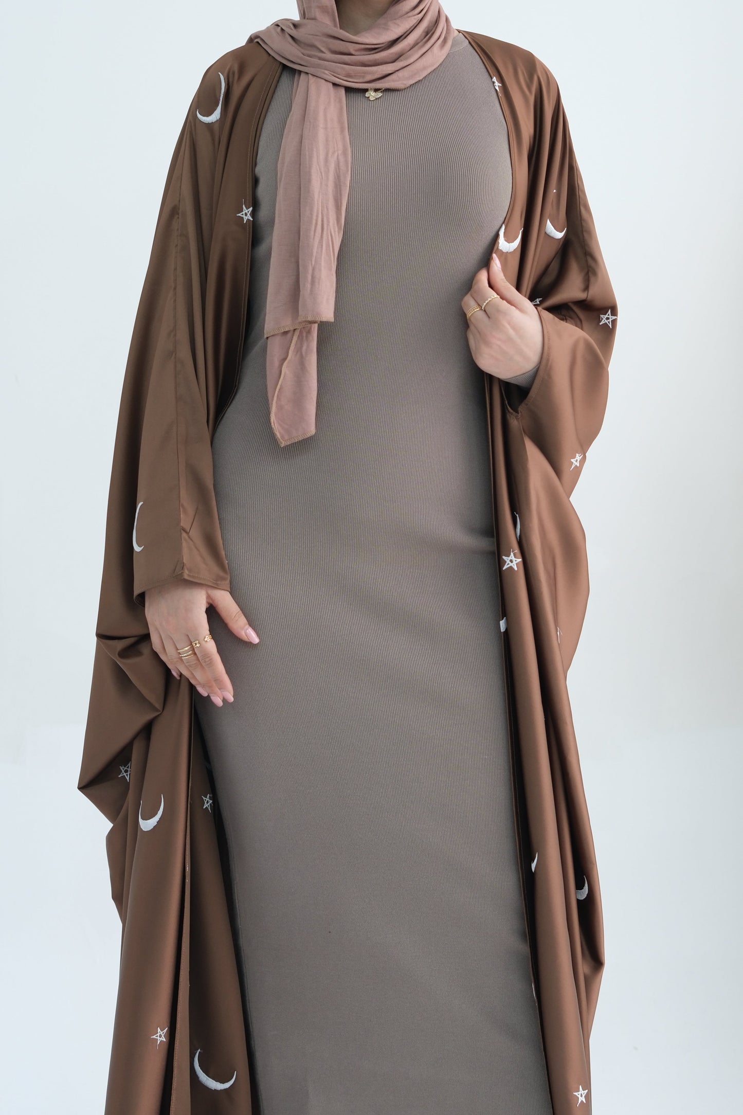 Lyra Moon Star Oversize Satin Open Abaya 727 - Brown