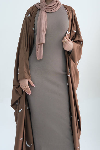 Lyra Moon Star Oversize Satin Open Abaya 727 - Brown