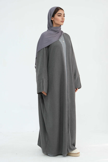 Ayesha Thick Knit Open Abaya 911 - Dark Grey