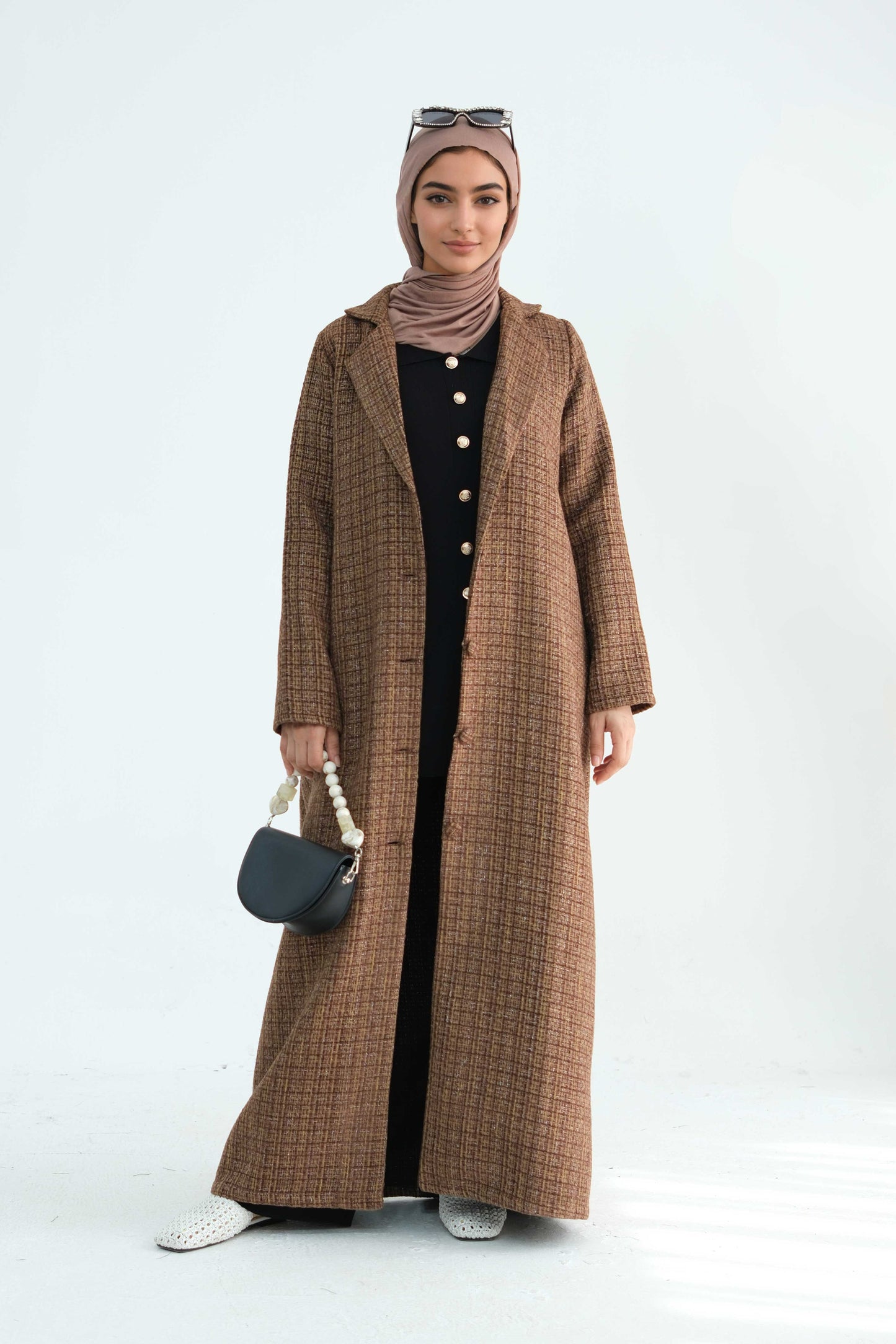 Asalah Chanel-Style Open Abaya Coat 914 - Coffee