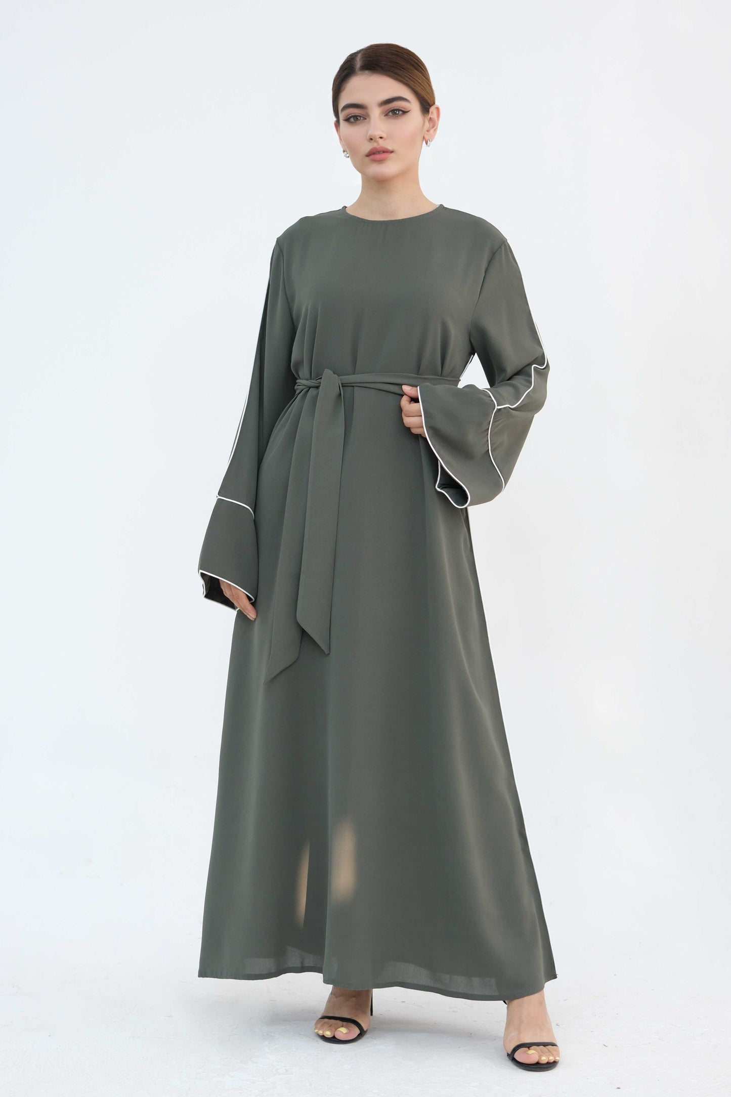 Alya Elegant Trimmed Abaya with Belt 882-Army Green