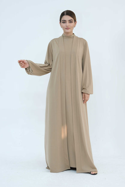 Yumna High Neck Two-Piece Abaya Set 886 - Khaki