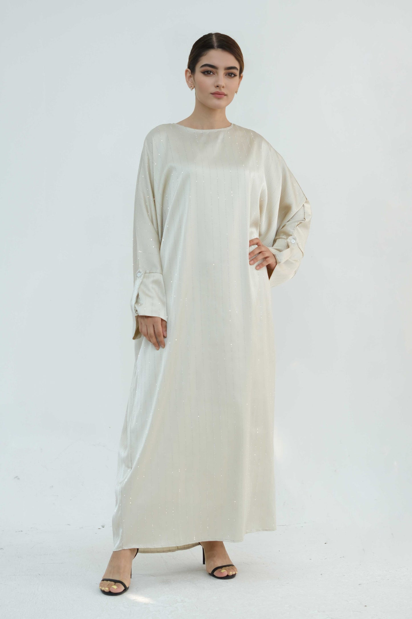 Naila Vertical Stripe Design Maxi Dress Abaya 884-Apricot