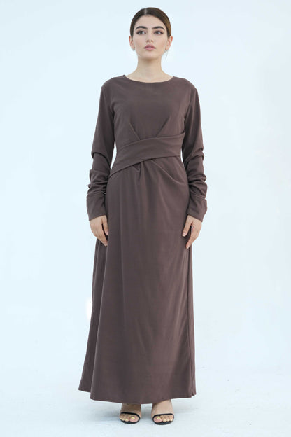 Hafsa Elegant Waist-Cinched Maxi Dress Abaya 889-Coffee