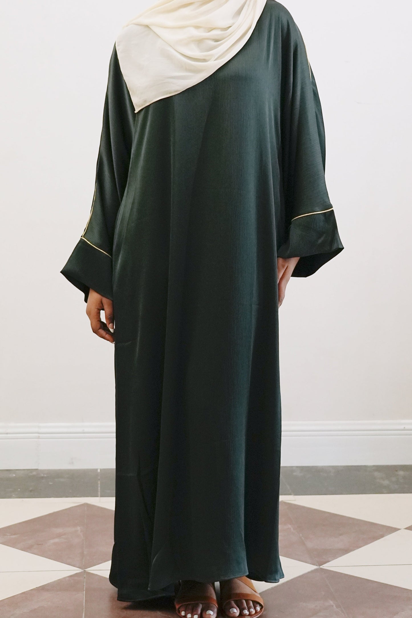 Inaya Trimmed Maxi Dress Abaya 937- Dark Green