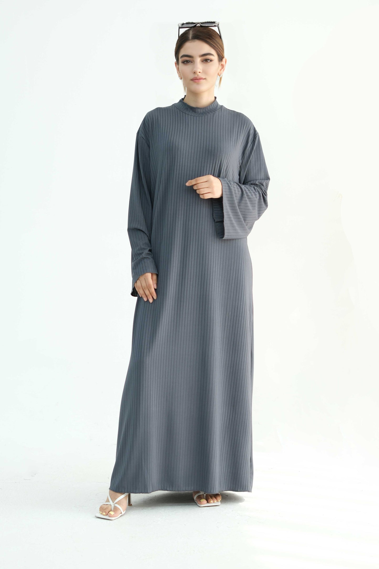 ZAINAB Knit Ribbed Maxi Dress Abaya  905 - Dark Grey