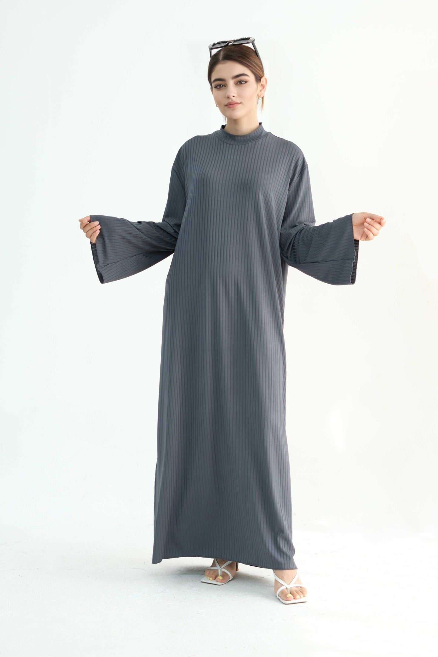 ZAINAB Knit Ribbed Maxi Dress Abaya  905 - Dark Grey