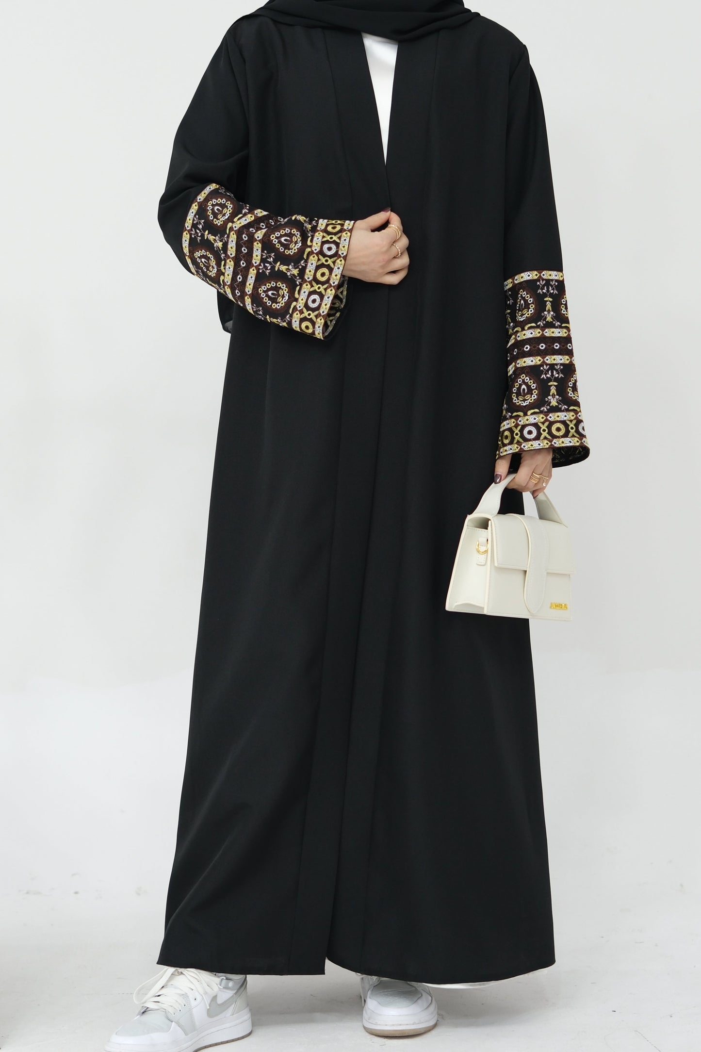 NAZIA Flower Pattern Embroidery Modest Open Abaya 753 - Black
