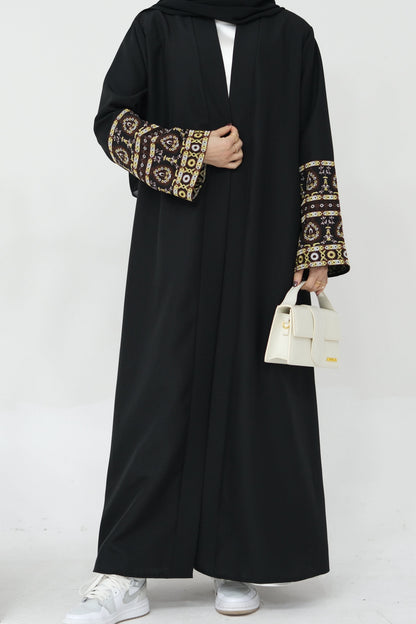 NAZIA Flower Pattern Embroidery Modest Open Abaya 753 - Black