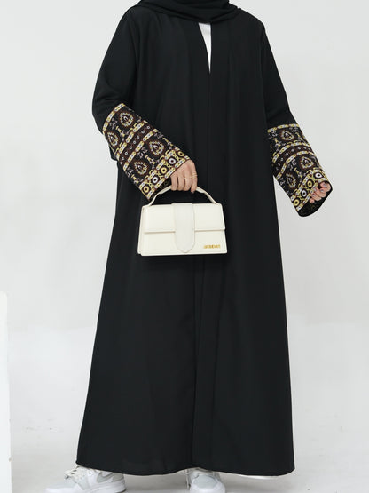 NAZIA Flower Pattern Embroidery Modest Open Abaya 753 - Black