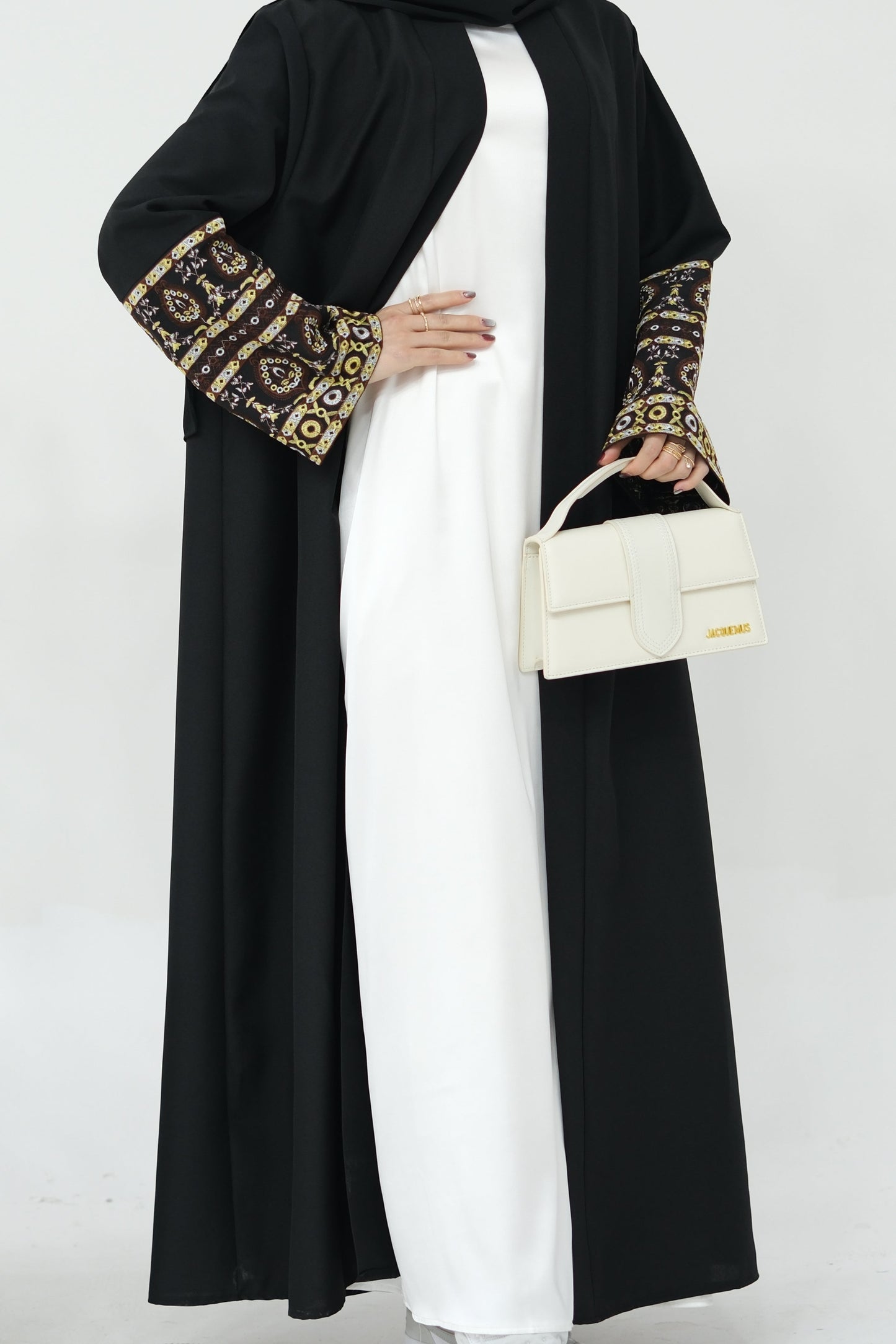 NAZIA Flower Pattern Embroidery Modest Open Abaya 753 - Black