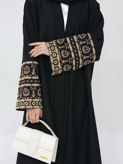 NAZIA Flower Pattern Embroidery Modest Open Abaya 753 - Black
