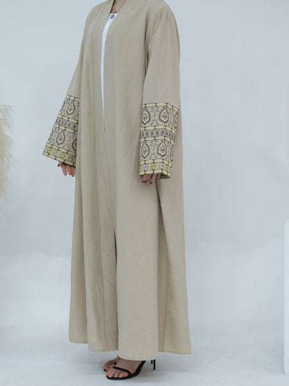 NAZIA Flower Pattern Embroidery Modest Open Abaya 753 - Cornsilk