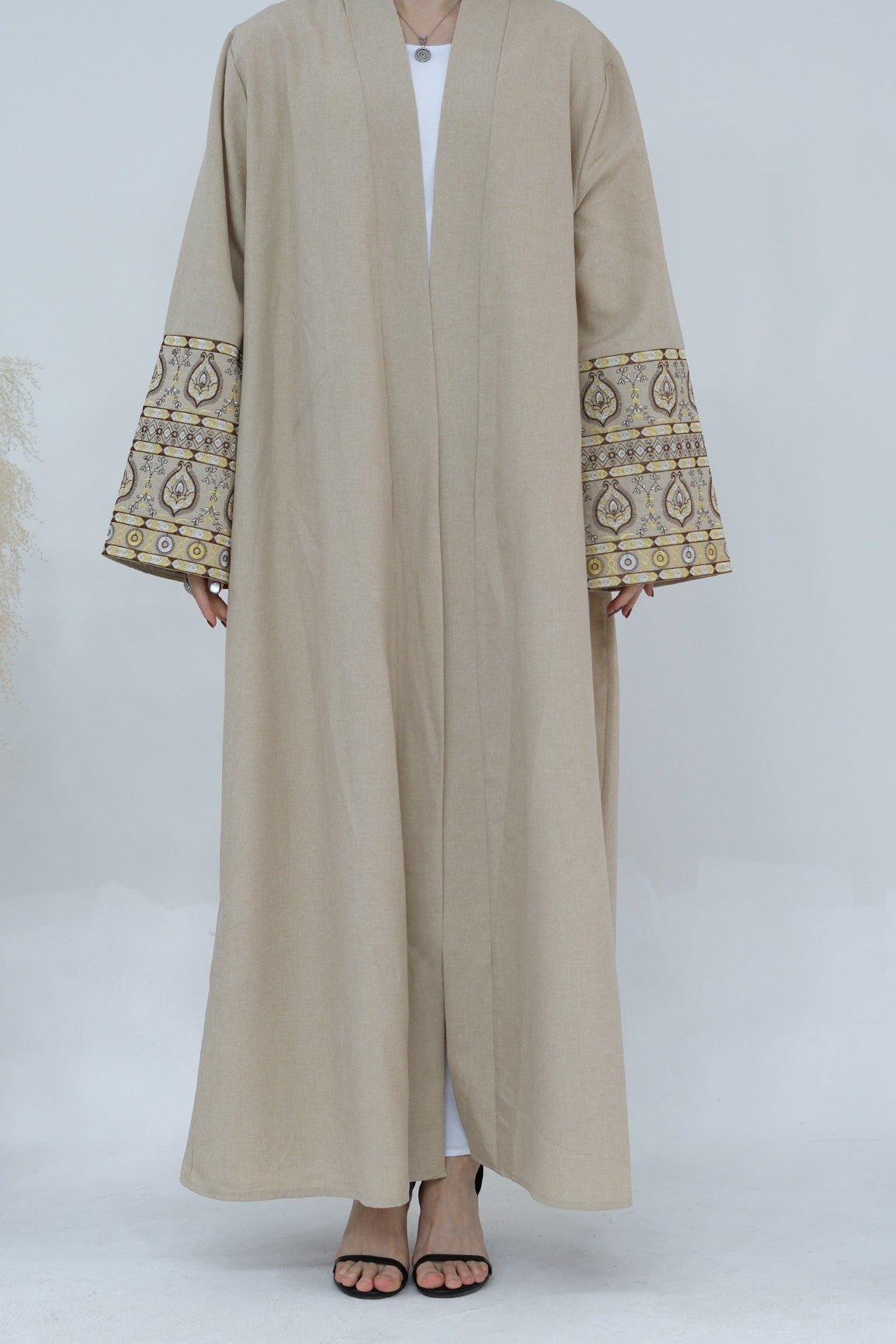 NAZIA Flower Pattern Embroidery Modest Open Abaya 753 - Cornsilk