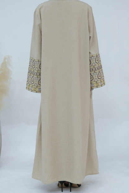 NAZIA Flower Pattern Embroidery Modest Open Abaya 753 - Cornsilk
