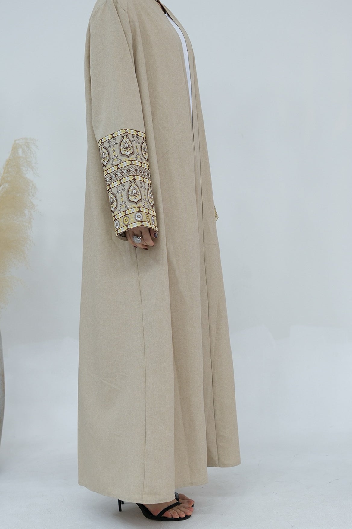 NAZIA Flower Pattern Embroidery Modest Open Abaya 753 - Cornsilk