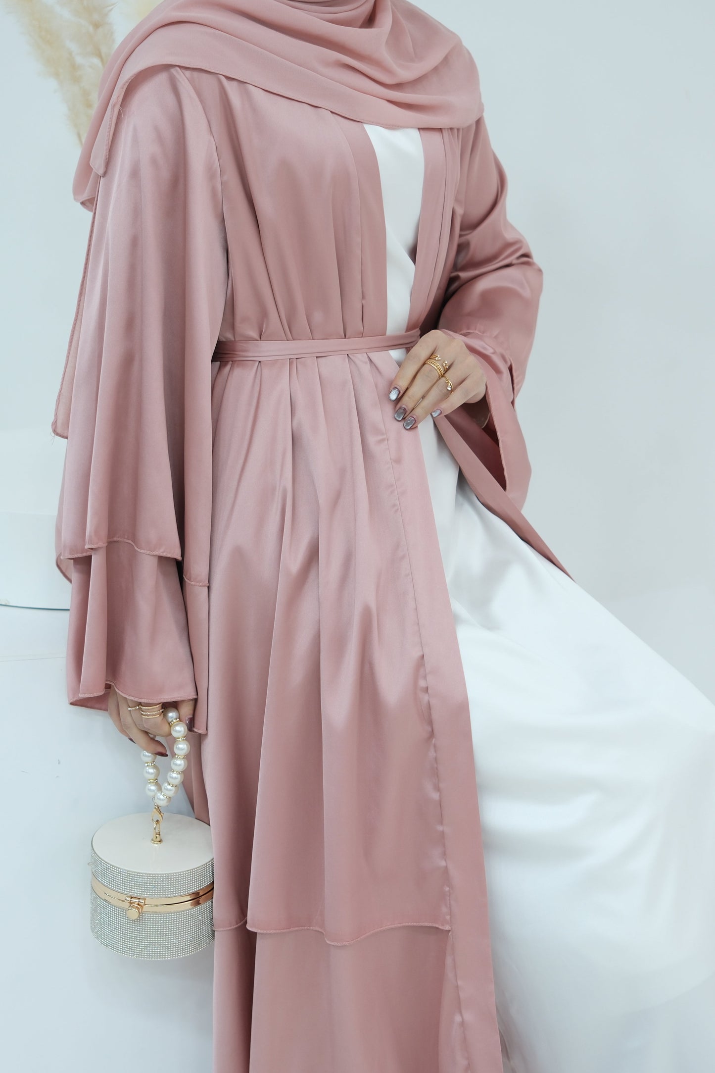 Lakia Satin Bell sleeves Modest Open Abaya 706 - Pink