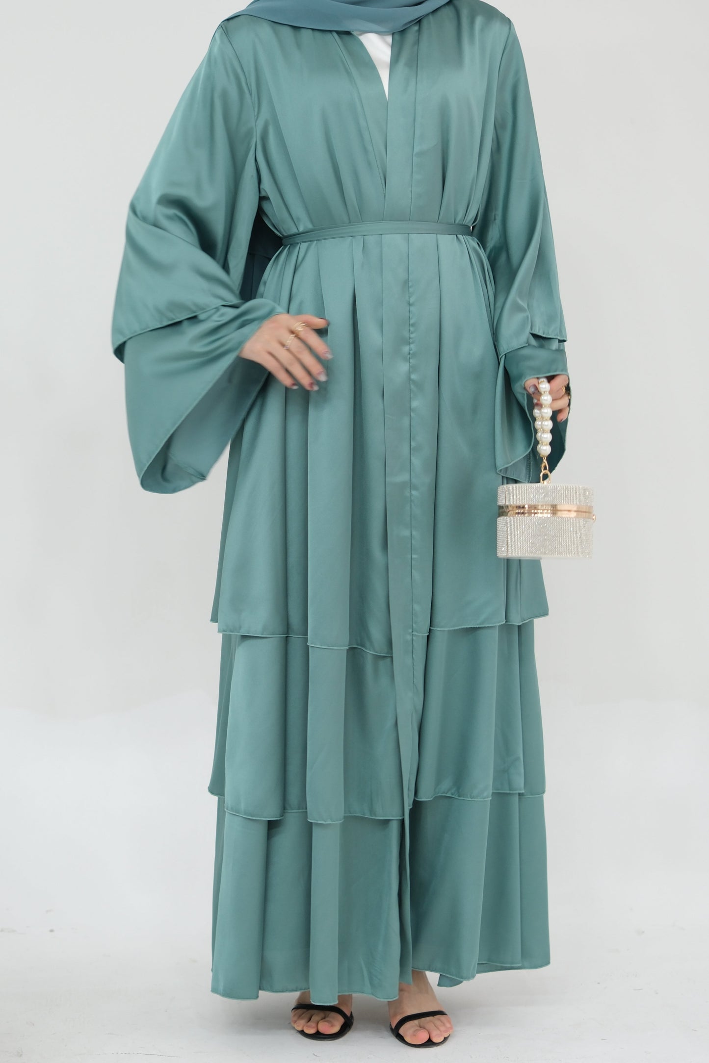 Lakia Satin Bell sleeves Modest Open Abaya 706 - LightSeaGreen
