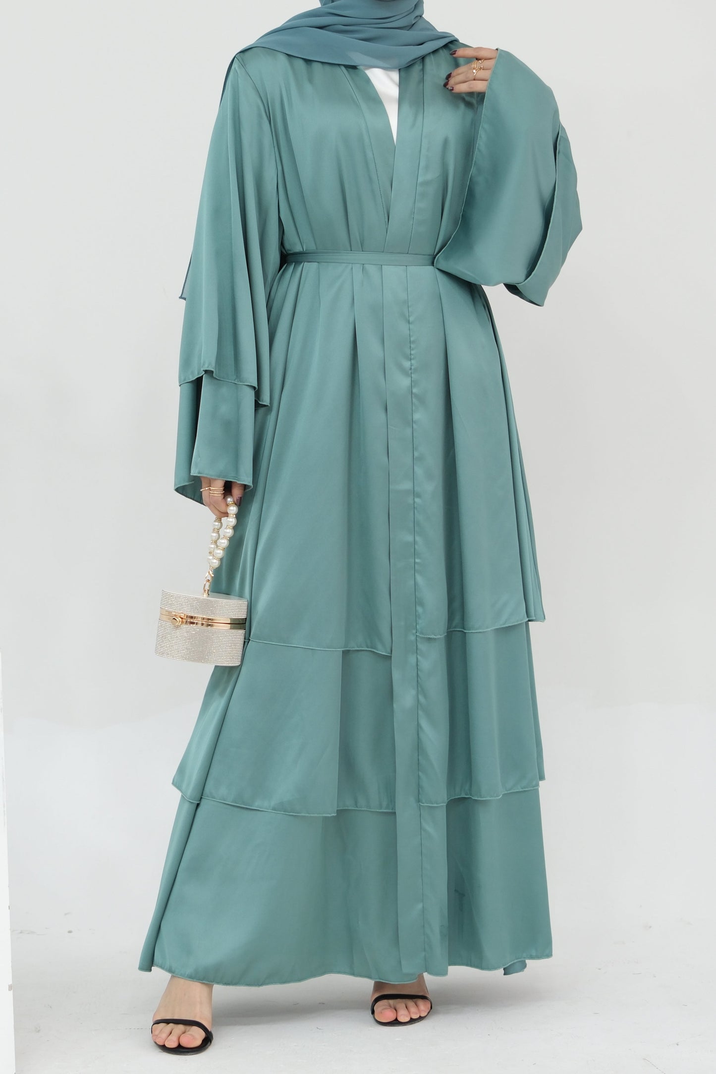 Lakia Satin Bell sleeves Modest Open Abaya 706 - LightSeaGreen